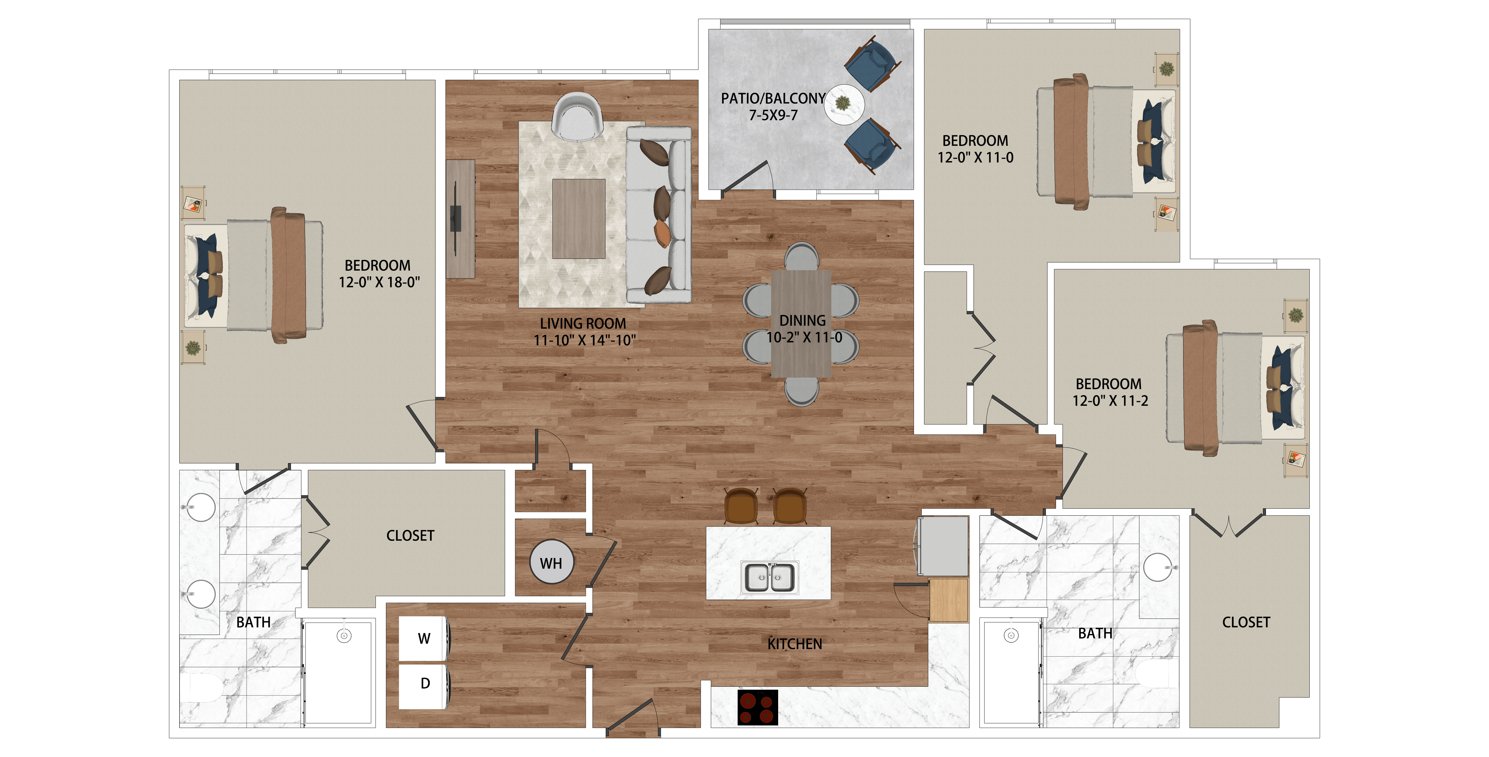 Floor plan for 3 beds, 2 baths, 1626 sqft